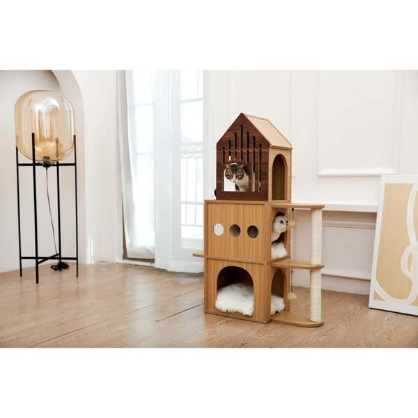 Arbre à chat design en bois "Tower" (112cm) | Arbre à chat haut de gamme/Luxe pas cher | Arbre à chat naturel avec sisal à griffer