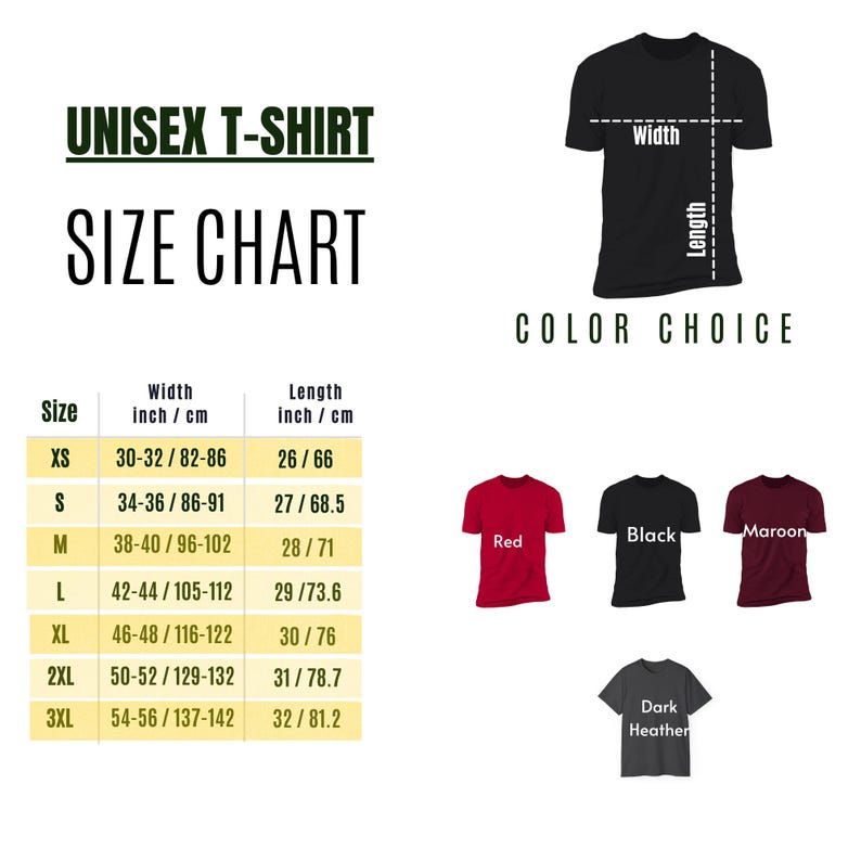 May include: A unisex t-shirt size chart with measurements in inches and centimetres. Sizes range from XS to 3XL, detailing width and length. Colour options include red, black, maroon, and dark heather. The chart also shows a t-shirt outline.