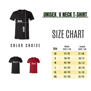 May include: A black Unisex V-neck t-shirt with a size chart and colour options. The size chart shows measurements in centimetres, with sizes ranging from XS to 2XL. Colour choices include black and red.