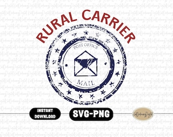 Może przedstawiać: Niebieska i czerwona, zużyta okrągła pieczątka z tekstem "RURAL CARRIER" i mniejszym okręgiem wewnątrz z tekstem "POST OFFICE" oraz stylizowanym obrazem koperty z tekstem "MAIL".