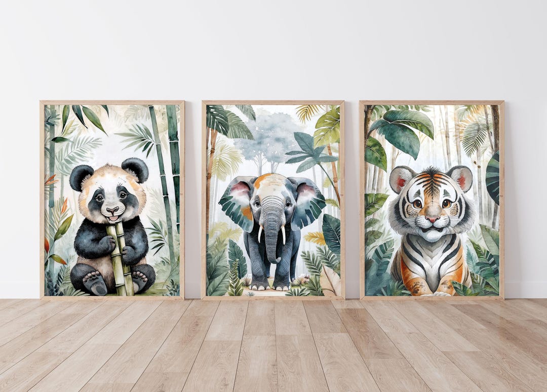 Jungle Poster Set to Print – Panda, Elephant & Tiger | Nursery Decor ...