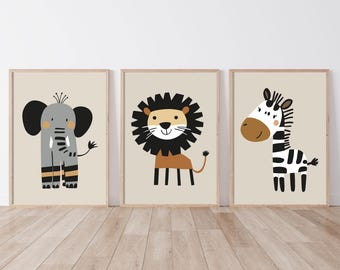 Safari Poster Set | Printable Kids' Room Decor Animals | Elephant Lion Zebra | Wall Art for Baby's Room