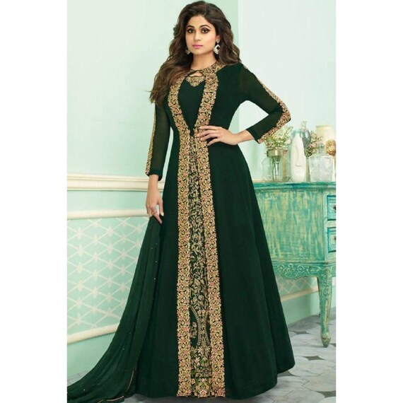 Tvis and Bliss. Full Length Neutral Green Silk Heavy Embroidery Work Gown  Set