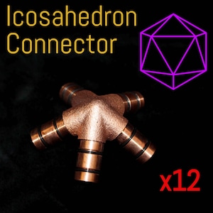 May include: A copper-coloured metal icosahedron connector featuring a central hub with five radiating cylindrical arms, each marked with two black O-rings. The text "Icosahedron Connector" appears in gold, with a purple geometric icon and "x12" in red.