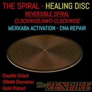 May include: A gold-plated, double-sided healing disc with a spiral design. The disc has a 98mm diameter and features the text "THE SPIRAL - HEALING DISC" and "REVERSIBLE SPIRAL". The disc is designed for Merkaba activation and DNA repair.
