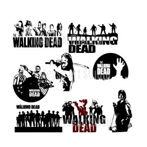 May include: Black and white silhouette images of characters from the TV show "The Walking Dead". The images include the show's title and characters holding weapons.