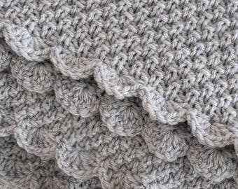 Easy Moss Stitch Blanket Knitting Pattern PDF | Crochet Shell Edging |  Minimalist decor| Beginner Friendly pattern | Blanket pattern