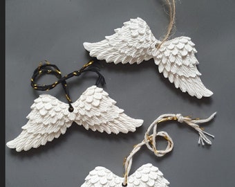 Angel Wings Decor, Christmas Tree Ornament, Memorial Gift,Handmade White Angel Wings Ornament, Feather Texture Clay Decoration, Tree hanging