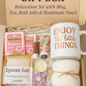 Cozy Self Care Spa Gift Box: Mug, Tea, Candle & Crochet Flower