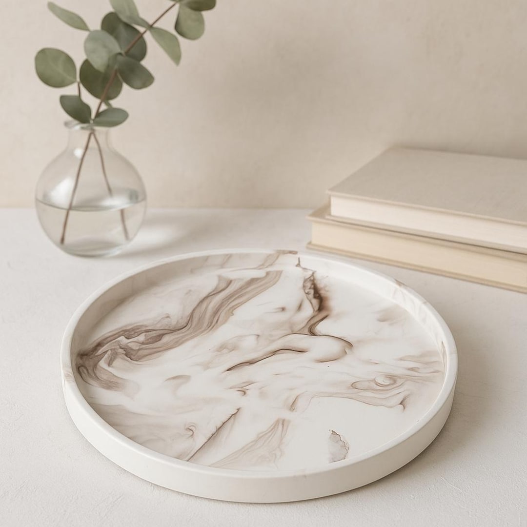 Brown Marble Concrete Round Tray | Handmade Display Tray | Coffee Table Décor | Minimalist Home Gift | Candle Holder | Jewellery Dish