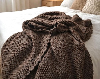 Handmade Cable Knit Throw Blanket, Soft Scalloped Edge Sofa Throw, Cozy Neutral Brown Knit Blanket, Wool Blend Anti Pilling Acrylic, Runner