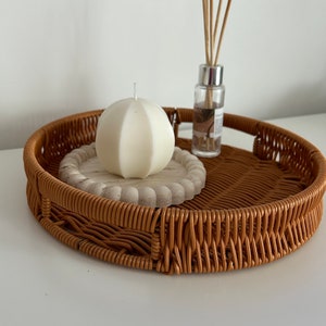 Grand présentoir rond en rotin, plateau décoratif, plateau de salon, plateau en pierre, vide-poche, style scandinave, accessoires de salle de bain