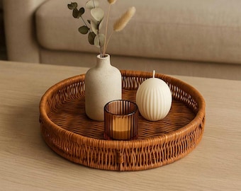 Round Rattan Tray, Scandi Boho Home Décor Basket for Coffee Table, Vanity, or Bathroom, Handwoven Natural Wicker Display Tray