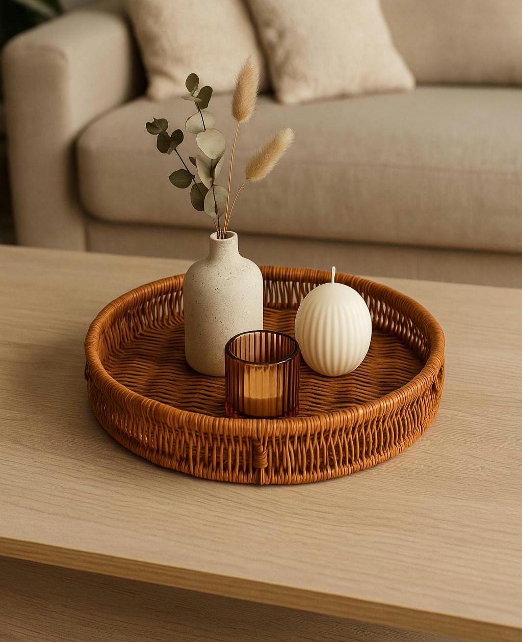 Vassoio Rotondo In Rattan Intrecciato A Mano, 22 Cm, Per Servire Snack E Decorazione Rustica - 5