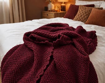 Burgundy Hand Knitted Blanket, Chunky Seed Stitch Throw, Cosy Handmade Sofa Blanket, Wine Red Bed Throw, Housewarming Gift