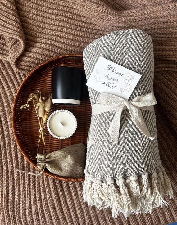 Cozy Housewarming Gift Tray with Cotton Throw – New Home Gift for Couples | Rattan Hamper with Candle, Mug & Decor, Gift baskets, Gift set
