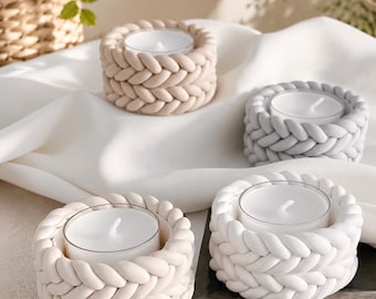 Grof gebreide kaarsenhouderset | Handgemaakte Jesmonite theelichthouder | Scandinavische bruiloft tafeldecoratie | Neutraal woondecoratiecadeau | Boetiek