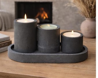 Handmade Concrete Candle Holder Trio | Minimalist Tea Light Set with Tray | Modern Neutral Home Decor | Housewarming Gift