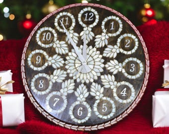 Wooden Wall Clock,Handmade Walnut Wood with Mother of Pearl Inlaid