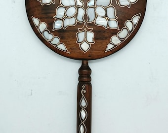 Mother of Pearl Inlaid Hand Mirror: Handmade Walnut Wood Sultan Model