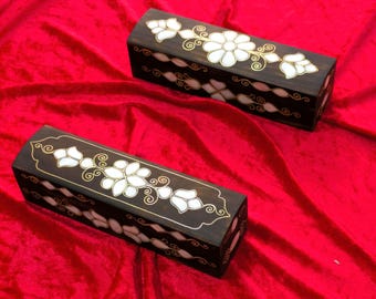 Handmade Walnut Wood Box: Velvet & Mother-of-Pearl Inlay
