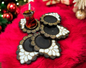 Handcrafted Walnut Wood Coaster with Mother-of-Pearl Inlay – Elegant Vintage Design