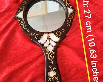 Elegant Handmade Wooden Hand Mirror with Mother-of-Pearl Inlay