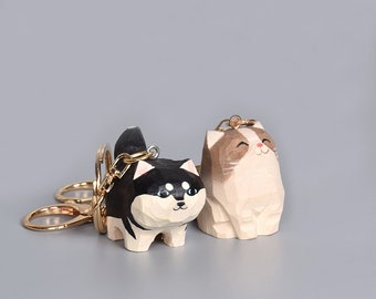 Wood carving keychains Cute cat pendant key chain Japanese kawaii solid wood carving small animal keychain bag pendant gift puppy keychains