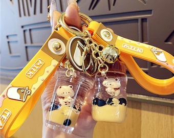 Llavero con forma de té con leche Boba Kawaii, llavero con líquido de té de burbujas, bonito llavero con forma de té Boba, llavero con líquido flotante de té con leche perlada, llavero con abalorio