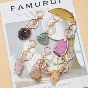 Raw Crystal Keychain Gemstone Keychain Rose Quartz fluorite Spiritual Citrine Heart Love Christmas gift Anniversary Gift Backpack pendant