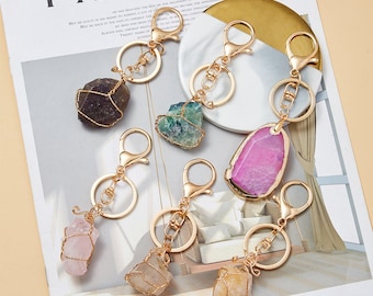 Raw Crystal Keychain Gemstone Keychain Rose Quartz fluorite Spiritual Citrine Heart Love Christmas gift Anniversary Gift Backpack pendant