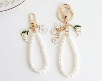Bellflower pearl chain keychain custom paragraph letter charm airpods charm bag accessories accessories Christmas gifts Personalized Gifts