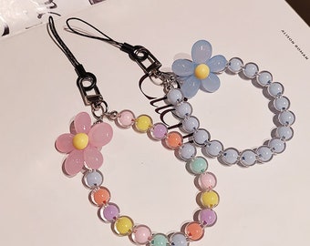Colorful beads flowers phone lanyard wrist rope keychain bracelet keychains bag charm pendant Car key chains hanging chain Keyrings Gifts