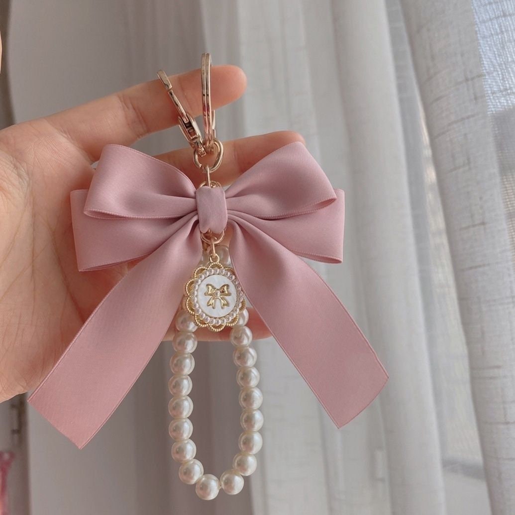 Luxury Ribbon Women Bag Handbag Pendants Pearl Key Chains Bow Keychain Gift  Jewelry