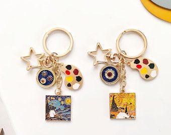 Pearl girl oil painting keychain Retro art car key chain Bag hanging Couple creative ornaments Pearl chainPersonalised Keyrings Gift for Her