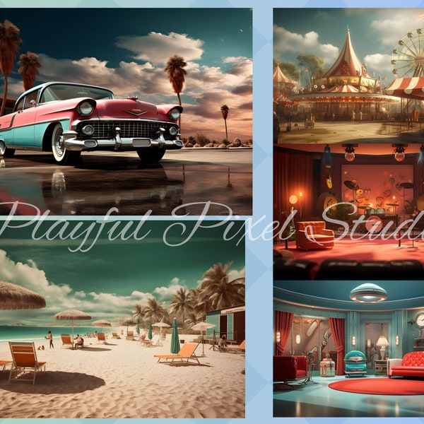 20 Retro Digital Backdrops, Fun Photography Background, Photoshop, 50s, 60s, 70s, Circus, Lounge, Vintage Car, Carnival, Diner, Retro Beach