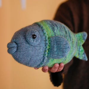 May include: A handmade, knitted fish toy in shades of blue and green. The plush fish has a rounded body, fins, and a small, round eye. The fish is held in a person's hand, with a blurred background.