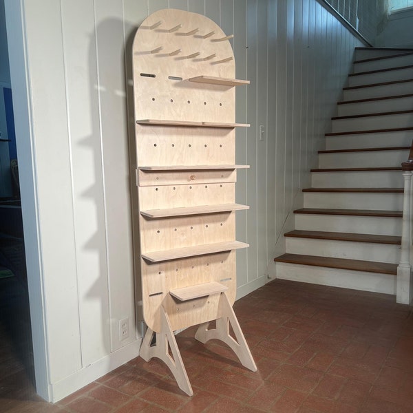 Summit Floor Display Stand – Handmade Wood Rack with Shelves & Pegs, Portable Flat-Pack Organizer for Vendors, Craft Fairs And Retail