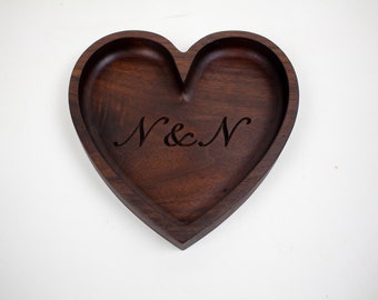 Walnut Wood Heart Shaped Valet Tray / Heart Shaped Catchall Tray / Personalized Heart Tray
