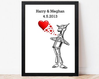 Stampa personalizzata del Mago di Oz dell'Uomo di Latta - Regalo per il 10° anniversario - Arte murale a forma di cuore dell'Uomo di Latta - Stampa personalizzata - Regalo di anniversario di carta