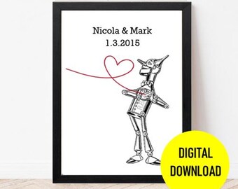 Stampa personalizzata Tin Man Wizard Of Oz - Regalo per il 10° anniversario - Arte murale Tinman Love Heart - Stampa personalizzata - Regalo di anniversario di carta