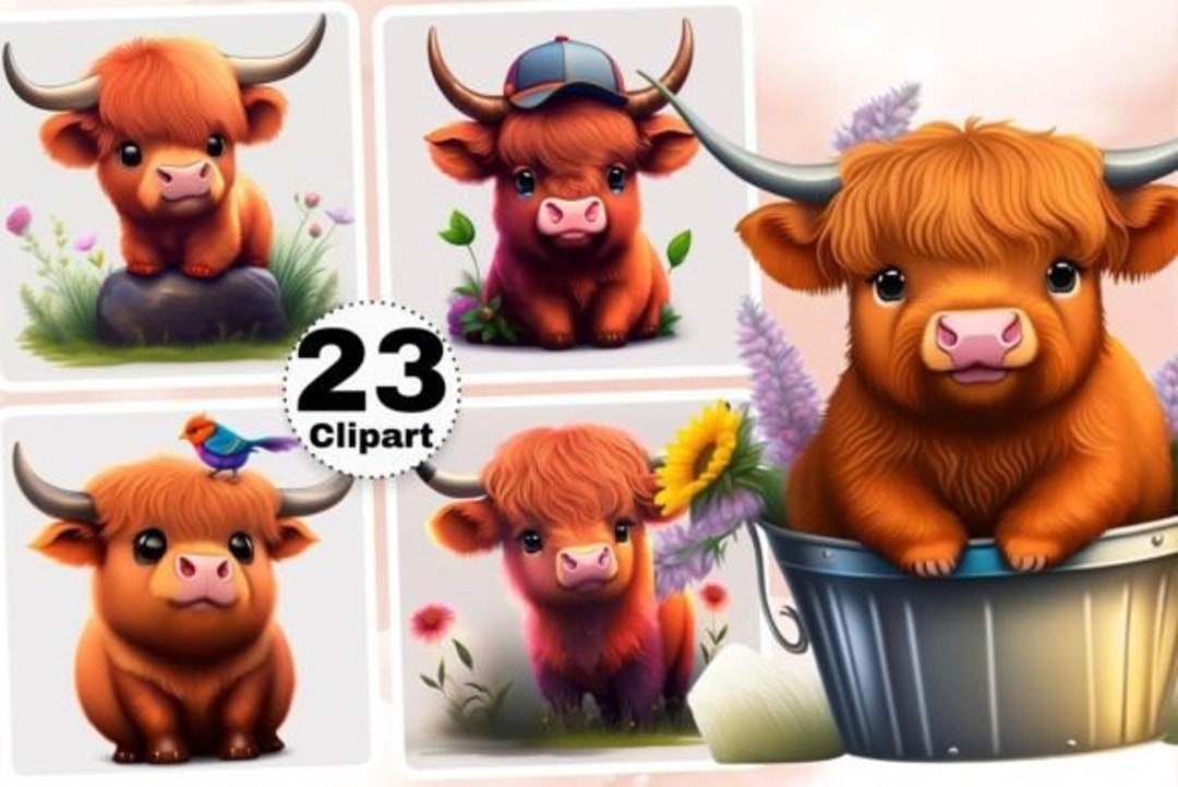 Watercolor Summer Highland Cows Collection Clipart, 23 PNG Beach ...