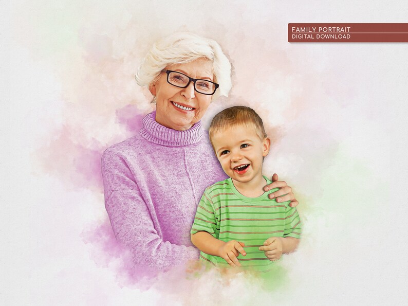 Puede incluir: Un retrato de acuarela de una mujer mayor con cabello blanco y gafas sonriendo y sosteniendo a un ni&ntilde;o peque&ntilde;o con cabello casta&ntilde;o que tambi&eacute;n sonr&iacute;e. El fondo es un suave lavado de acuarela rosa y blanco.