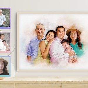 Puede incluir: Una pintura de acuarela de un retrato familiar. La familia est&aacute; compuesta por dos adultos, dos ni&ntilde;os y una abuela. Los adultos est&aacute;n de pie en el centro de la pintura, mientras que los ni&ntilde;os est&aacute;n siendo sostenidos por los adultos. La abuela est&aacute; de pie detr&aacute;s de la familia, con sus brazos alrededor de los adultos. La pintura est&aacute; hecha en una paleta de colores suaves y apagados, con un enfoque en las caras de la familia.