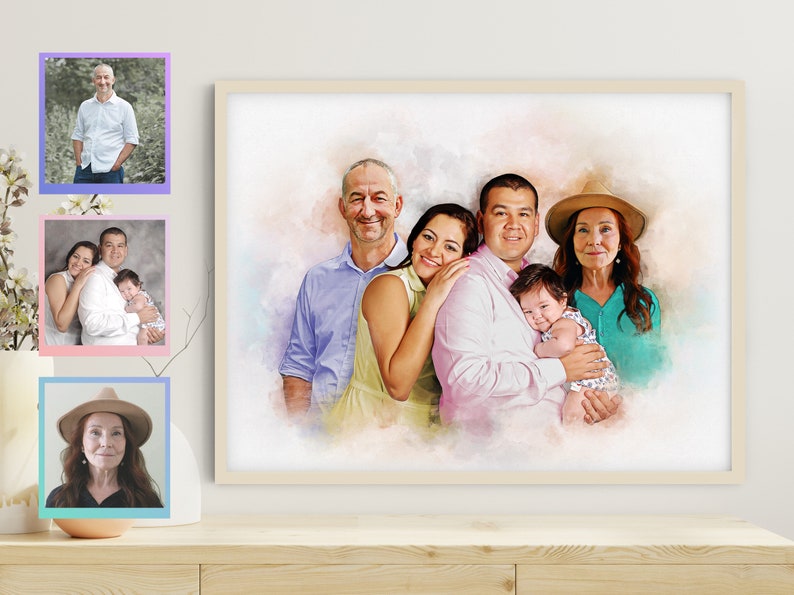 Puede incluir: Una pintura de acuarela de un retrato familiar. La familia est&aacute; compuesta por dos adultos, dos ni&ntilde;os y una abuela. Los adultos est&aacute;n de pie en el centro de la pintura, mientras que los ni&ntilde;os est&aacute;n siendo sostenidos por los adultos. La abuela est&aacute; de pie detr&aacute;s de la familia, con sus brazos alrededor de los adultos. La pintura est&aacute; hecha en una paleta de colores suaves y apagados, con un enfoque en las caras de la familia.