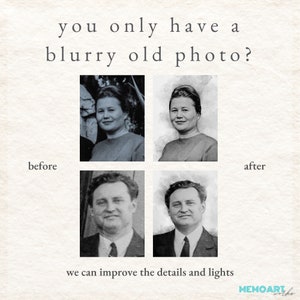 Puede incluir: Im&aacute;genes antes y despu&eacute;s que muestran la restauraci&oacute;n de dos fotograf&iacute;as antiguas borrosas. Las im&aacute;genes muestran a dos personas, una mujer y un hombre, con una claridad y detalles mejorados en las im&aacute;genes posteriores.