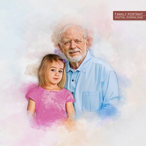 Puede incluir: Una pintura de acuarela de un hombre mayor con barba blanca y una ni&ntilde;a peque&ntilde;a. El hombre lleva una camisa azul claro y la ni&ntilde;a lleva una camisa rosa. El fondo es un suave lavado de acuarela de rosa, azul y blanco.