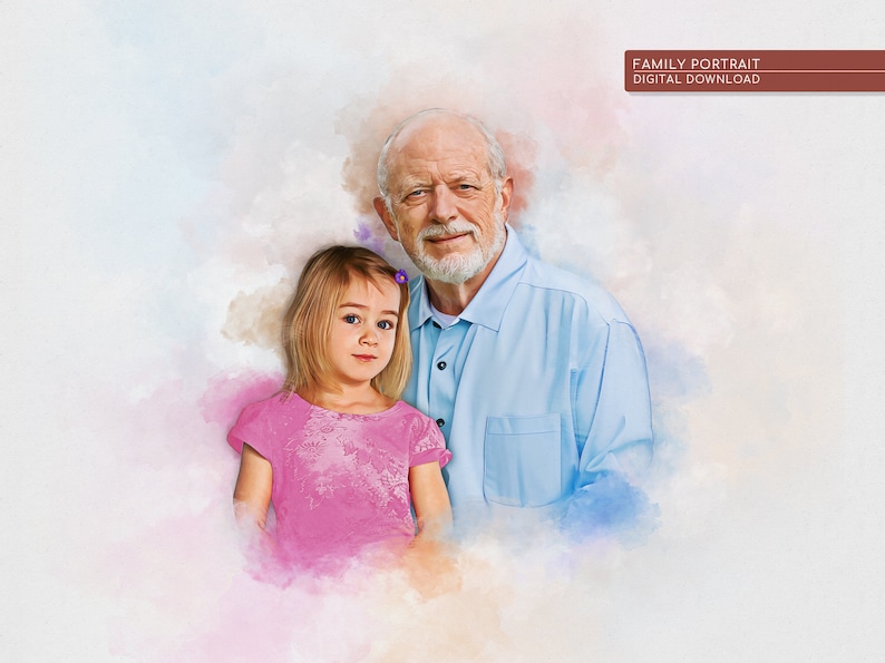 Puede incluir: Una pintura de acuarela de un hombre mayor con barba blanca y una ni&ntilde;a peque&ntilde;a. El hombre lleva una camisa azul claro y la ni&ntilde;a lleva una camisa rosa. El fondo es un suave lavado de acuarela de rosa, azul y blanco.