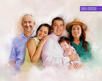 Pintura de ilustración de retrato familiar personalizada a partir de una foto, agregar un ser querido fallecido a la foto, fusión de fotos familiares, regalo conmemorativo de la abuela