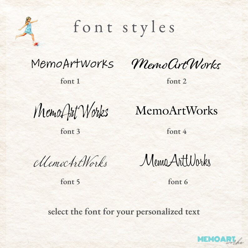 Puede incluir: Un gr&aacute;fico que muestra seis estilos de fuente diferentes para el texto "MemoArtWorks". El texto se muestra en negro sobre un fondo blanco. El texto "seleccione la fuente para su texto personalizado" tambi&eacute;n se muestra en negro sobre un fondo blanco.